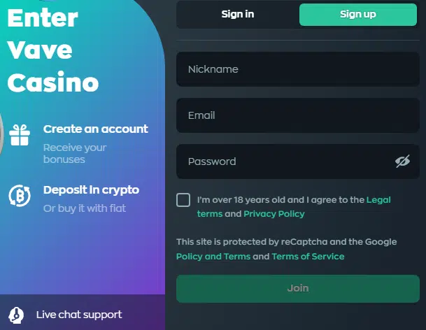 Vave Casino Sign Up Process